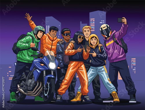 Young friends taking group selfie at night in vibrant city lights, capturing urban lifestyle, friendship, and modern social moments.