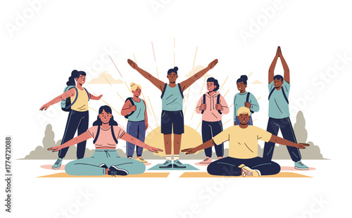 Group of diverse young people doing morning outdoor yoga and stretching exercises together, promoting wellness, balance, and positivity.