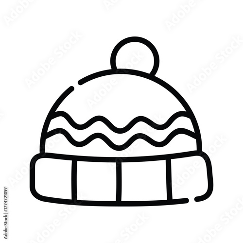 A black and white line drawing of a winter cap featuring a brim and a pompom on top