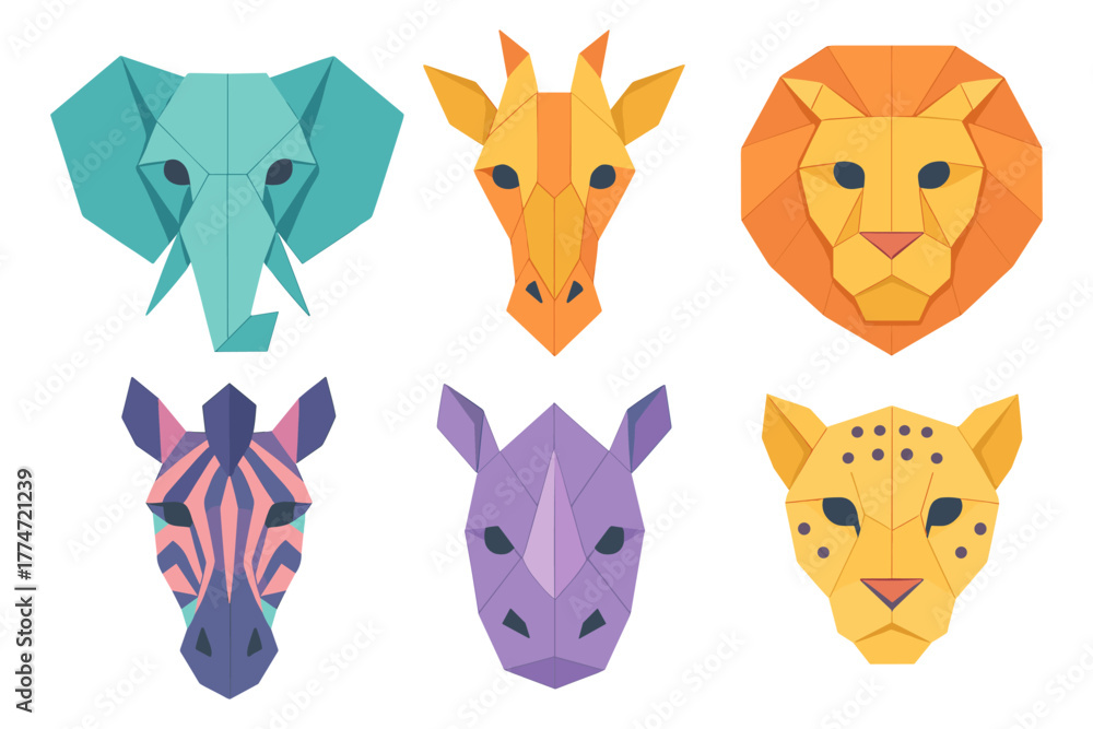 Fototapeta premium Geometric animal portraits: origami style wildlife faces collection