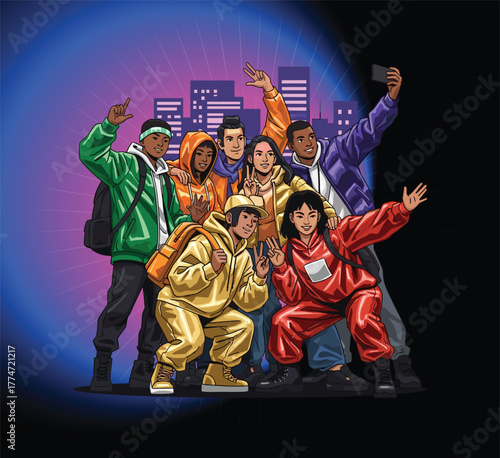 Young friends taking group selfie at night in vibrant city lights, capturing urban lifestyle, friendship, and modern social moments.