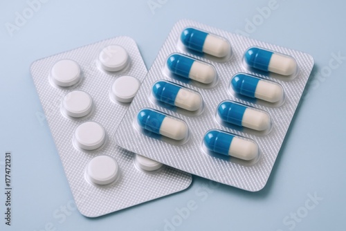 Pharmaceutical Pills and Capsules in Blister Packs, Healthcare Medication for Treatment, Disease Prevention on Blue Background
