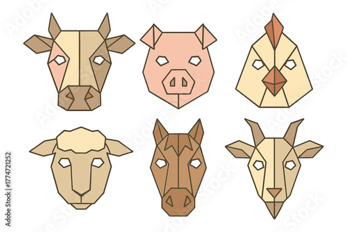 Geometric farm animal faces in modern origami art style