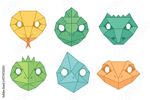 Geometric origami style reptile faces set in vibrant colors