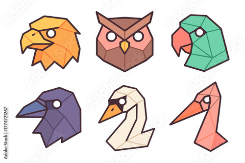 Geometric animal portraits of birds including eagle, owl, parrot, crow, swan, and flamingo