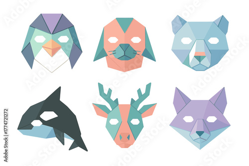 Geometric animal faces with pastel colors in low poly design style