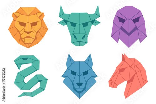 Geometric animal faces in vibrant colors: stylized origami designs