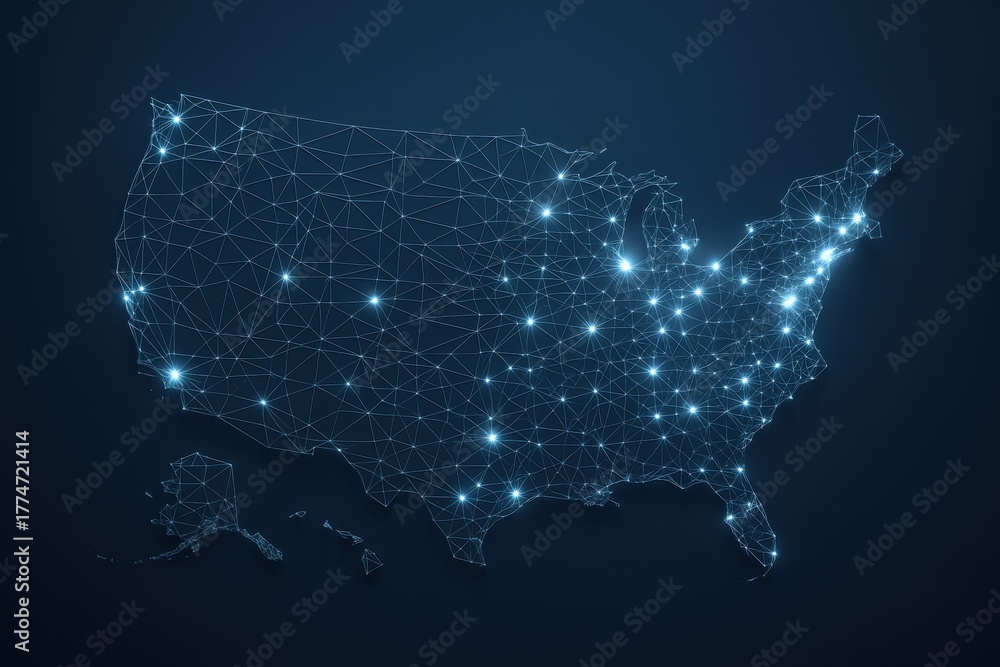 Obraz premium USA Digital Network Map: Futuristic Technology and Connectivity Illustration with Glowing Nodes on Dark Blue Background