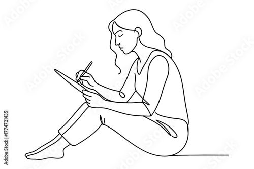 Continuous line art of woman sketching on tablet in relaxed pose