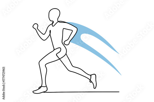 Dynamic line art of a runner with blue motion trail on white background
