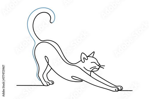 Minimalist line art cat stretching pose with blue accents