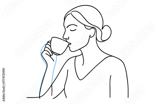 Elegant one line art of woman drinking tea