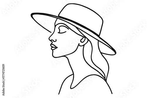 Elegant woman in hat - minimalist line art profile illustration