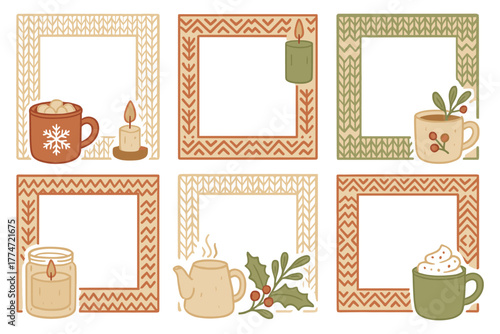 Cozy winter frames with hot beverages and candles in warm knit textures