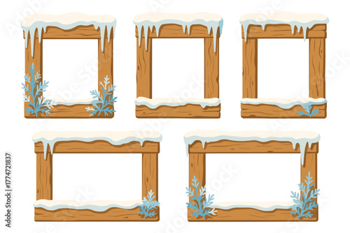 Realistic snowy wooden frames with frosty winter details
