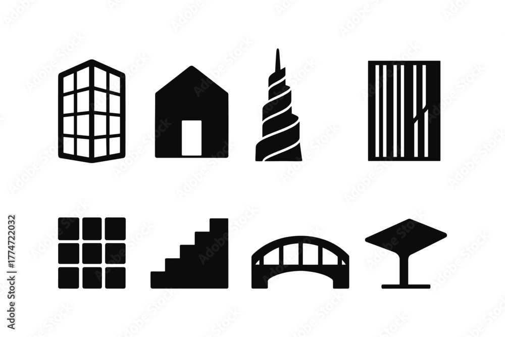 Fototapeta premium Urban icons set: silhouette buildings and architectural elements