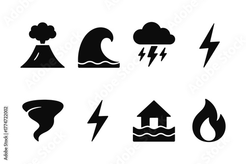 Natural disaster icons: bold silhouette symbols for weather and emergency concepts