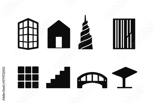 Urban icons set: silhouette buildings and architectural elements