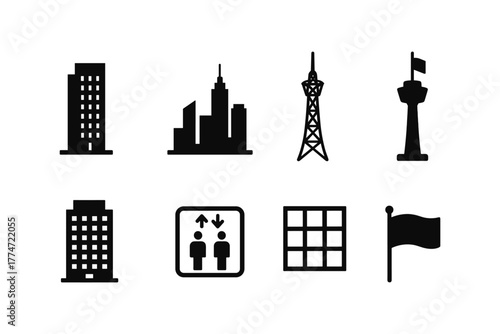 Urban icons collection featuring skyline, communication towers, and flags in silhouette style