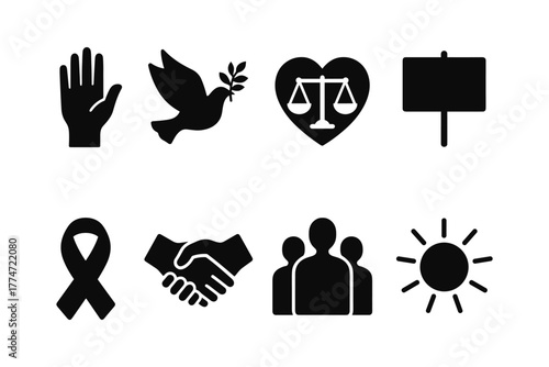 Silhouette icons for peace, justice, and community themes