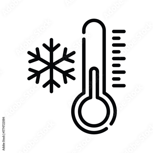 A black line drawing depicts a snowflake next to a thermometer showing a low temperature