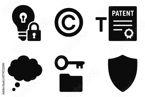 Intellectual property icons collection: copyright, patent, and security symbols in black silhouette