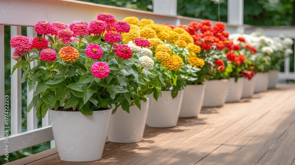 Obraz premium Vibrant Zinnia Flowers in White Pots Lining a Wooden Porch, Displaying a Spectrum of Colors