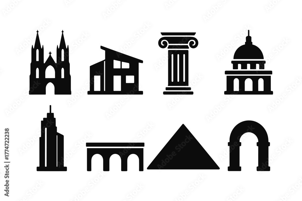 Fototapeta premium Silhouette collection of iconic architectural elements from different eras
