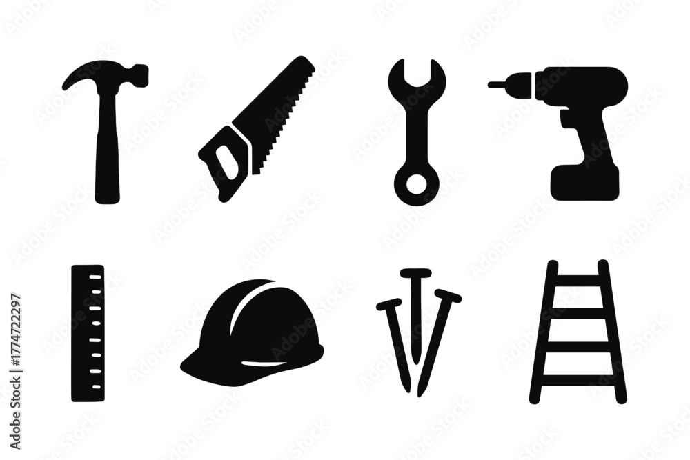 Fototapeta premium Essential silhouette icons of construction tools for modern projects