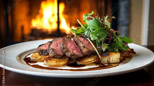 Juicy sliced steak, potatoes, and salad on a white plate with fireplace behind