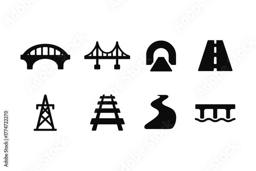 Simplified infrastructure icons set featuring bridges, roads, and rail in monochrome style