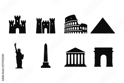 Silhouette icons of global monuments: castles, colosseum, pyramid, and more