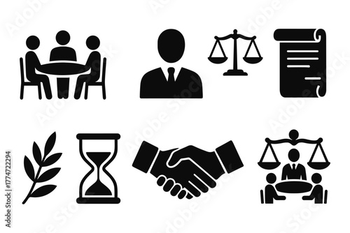 Silhouette icons for legal and business concepts: meeting, balance, contract, and more