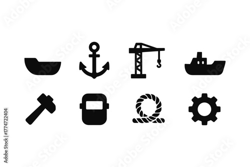Maritime and industrial icons set: anchor, ship, crane, and tools