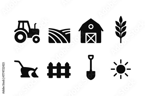 Set of farming and agriculture icons in minimalist silhouette design
