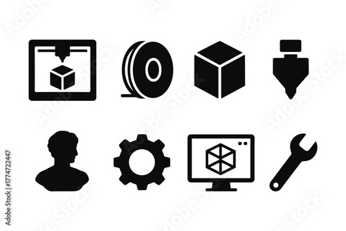 3d printing icons set: design, tools, and technology in black silhouette style