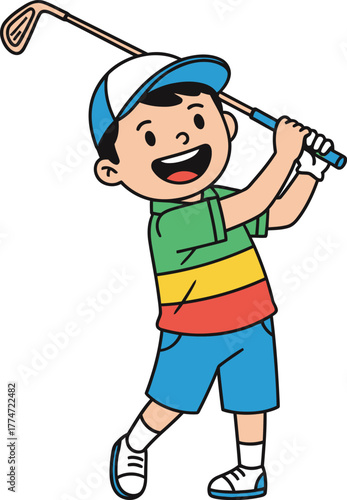 Happy child playing golf cartoon boy swinging a golf club