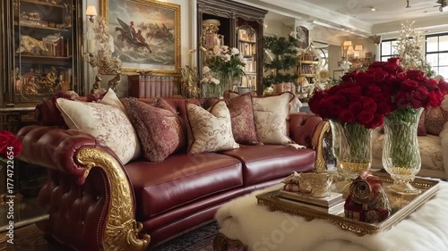 Elegant floral arrangement in a decorative interior setting with comfortable seating