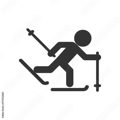 A black silhouette depicts a person skiing with poles The person is on skis one pole in front the other diagonally behind