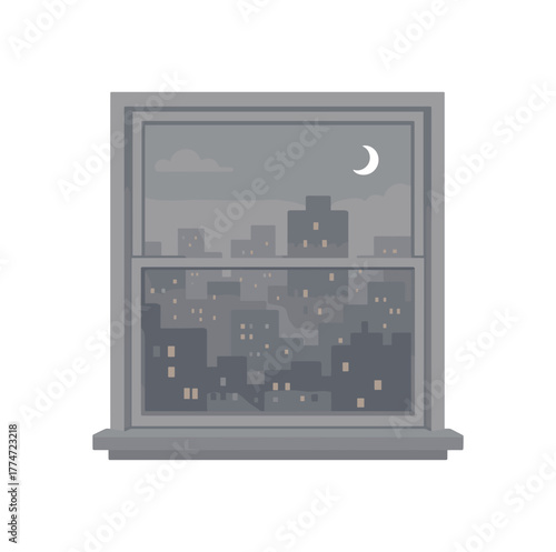 window view of city lights tranquil slow night no outline flat vector illustration style isolated on white background soft gray palette