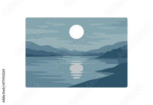 soft reflection of moon on water peaceful evening landscape no outline flat vector illustration style isolated on white background muted blue hues