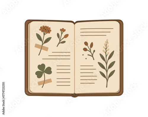 field notebook with pressed plants and foraging notes botanical exploration project flat vector illustration style isolated on white background