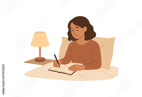writing final notes before sleep calm reflection moment no outline flat vector illustration style isolated on white background gentle warm palette