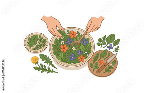 preparing wild salad with edible flowers and forest greens seasonal cooking concept flat vector illustration style isolated on white background