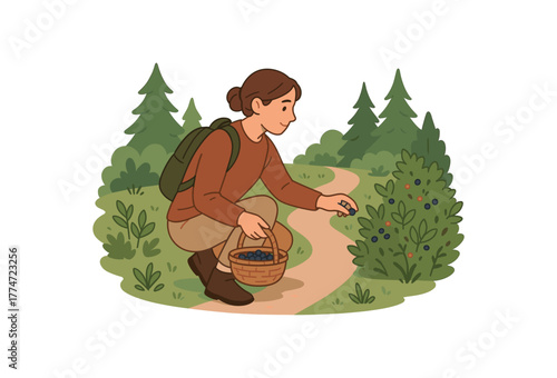 picking wild berries along forest path mindful food gathering experience flat vector illustration style isolated on white background