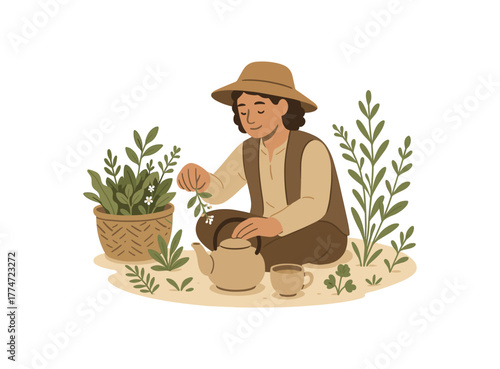 forager brewing tea from foraged herbs nature based wellness and self sufficiency flat vector illustration style isolated on white background