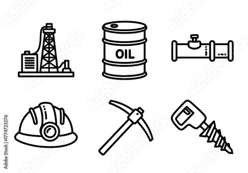 Petroleum industry icons showing oil drilling rig, barrel of oil, pipeline, hardhat, pickaxe, and drill represent energy resources and industrial operations