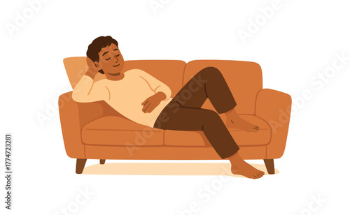 person lying on couch relaxing after day soft lighting no outline flat vector illustration style isolated on white background warm natural hues