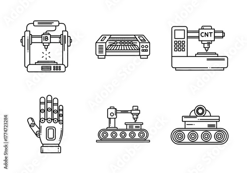 Modern automated manufacturing machinery, robotic assembly line equipment for industrial production. Vector illustration highlighting industry 4.0, innovation