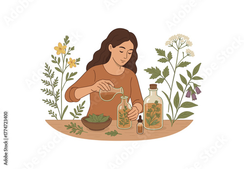preparing tinctures from wild plants herbal medicine and traditional knowledge flat vector illustration style isolated on white background